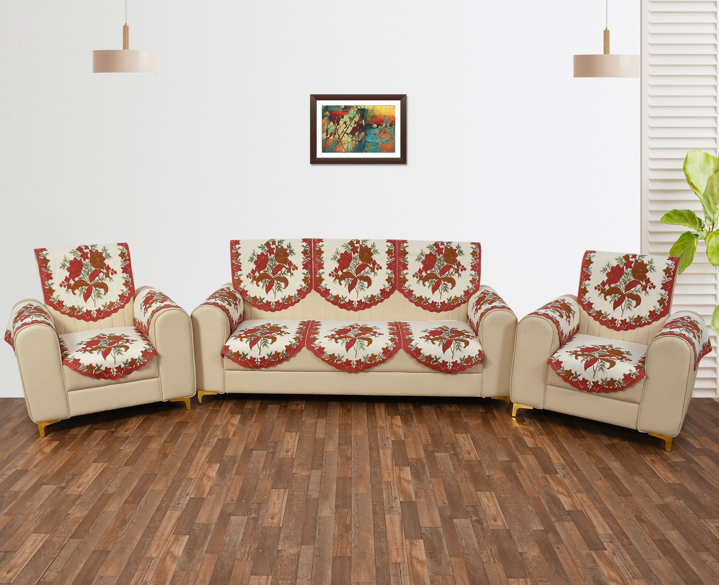 Bigger Fish Poly Cotton Net Fabric Floral Design 5 Seater Sofa Cover with 6 Pcs Arms Cover - 16 Pieces (Maroon)