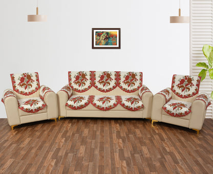 Bigger Fish Poly Cotton Net Fabric Floral Design 5 Seater Sofa Cover with 6 Pcs Arms Cover - 16 Pieces (Maroon)