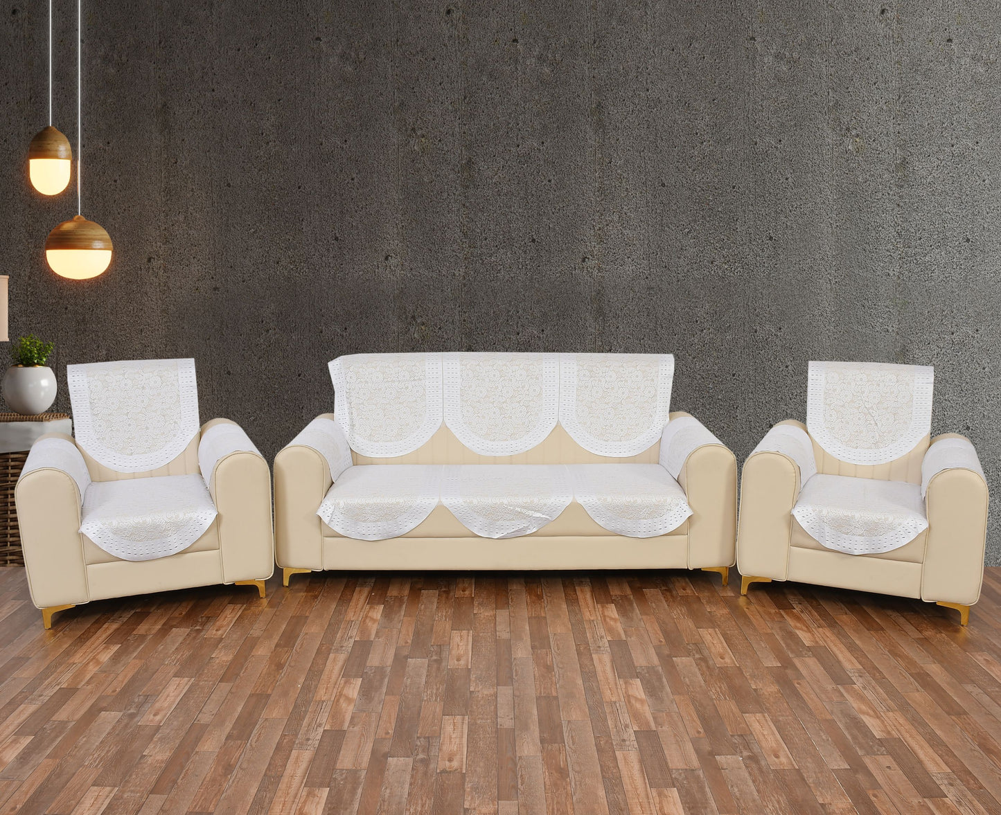 Bigger Fish Poly Cotton Net Fabric Floral Design 5 Seater Sofa Cover with 6 Pcs Arms Cover - 16 Pieces (Cream)