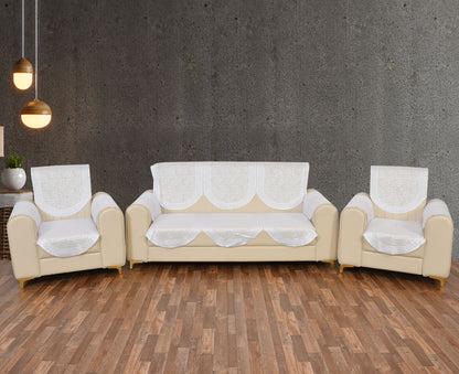 Bigger Fish Poly Cotton Net Fabric Floral Design 5 Seater Sofa Cover with 6 Pcs Arms Cover - 16 Pieces (Cream)