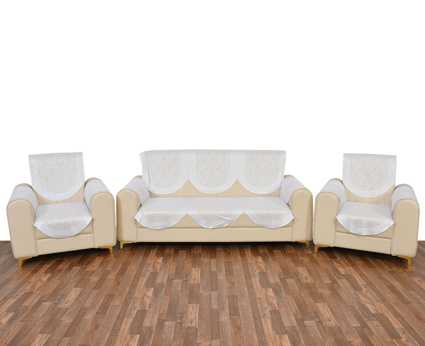 Bigger Fish Poly Cotton Net Fabric Floral Design 5 Seater Sofa Cover with 6 Pcs Arms Cover - 16 Pieces (Cream)