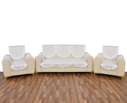 Bigger Fish Poly Cotton Net Fabric Floral Design 5 Seater Sofa Cover with 6 Pcs Arms Cover - 16 Pieces (Cream)