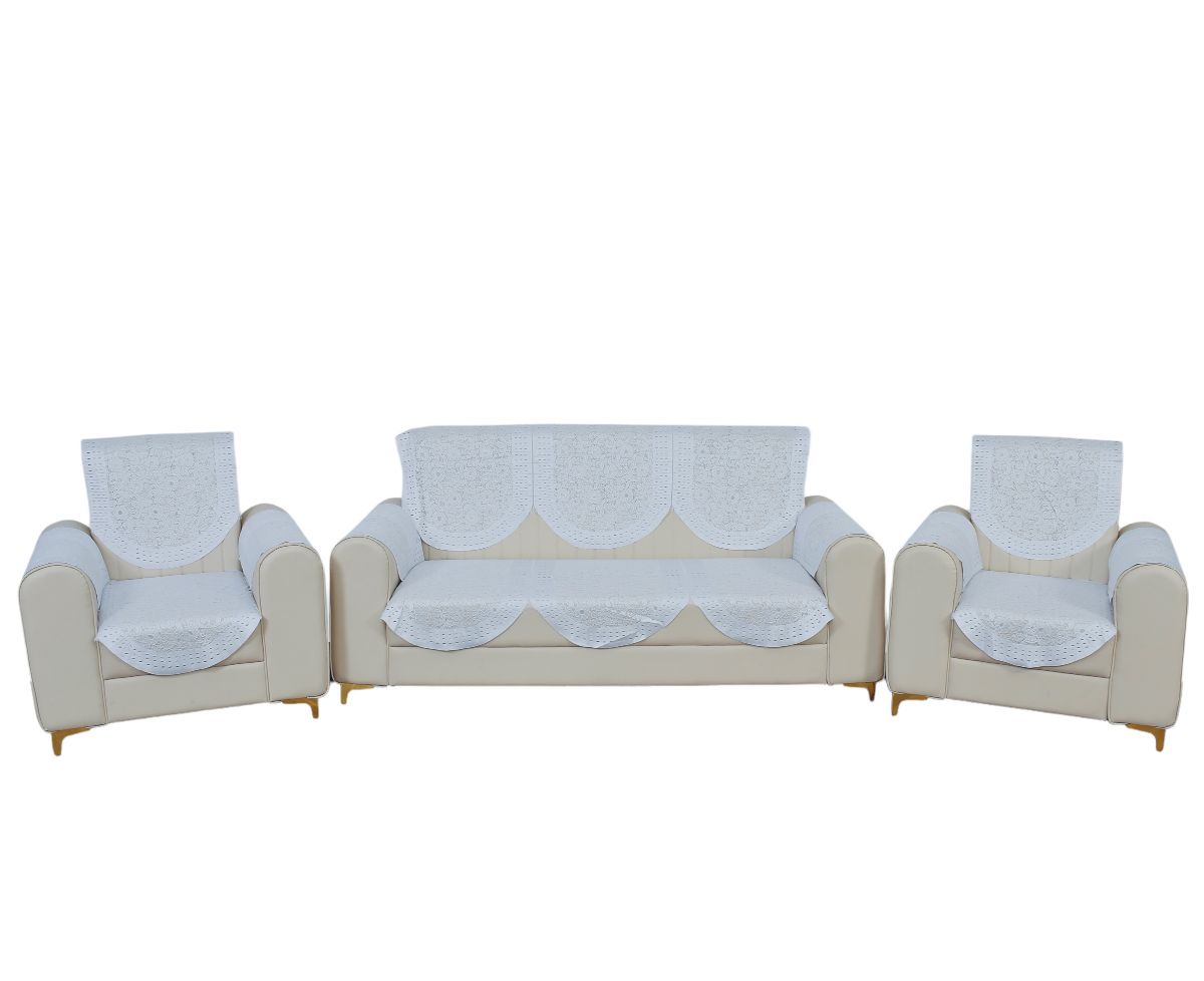 Bigger Fish Poly Cotton Net Fabric Floral Design 5 Seater Sofa Cover with 6 Pcs Arms Cover - 16 Pieces (White)
