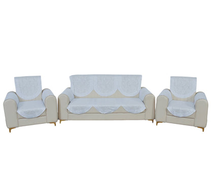 Bigger Fish Poly Cotton Net Fabric Floral Design 5 Seater Sofa Cover with 6 Pcs Arms Cover - 16 Pieces (White)
