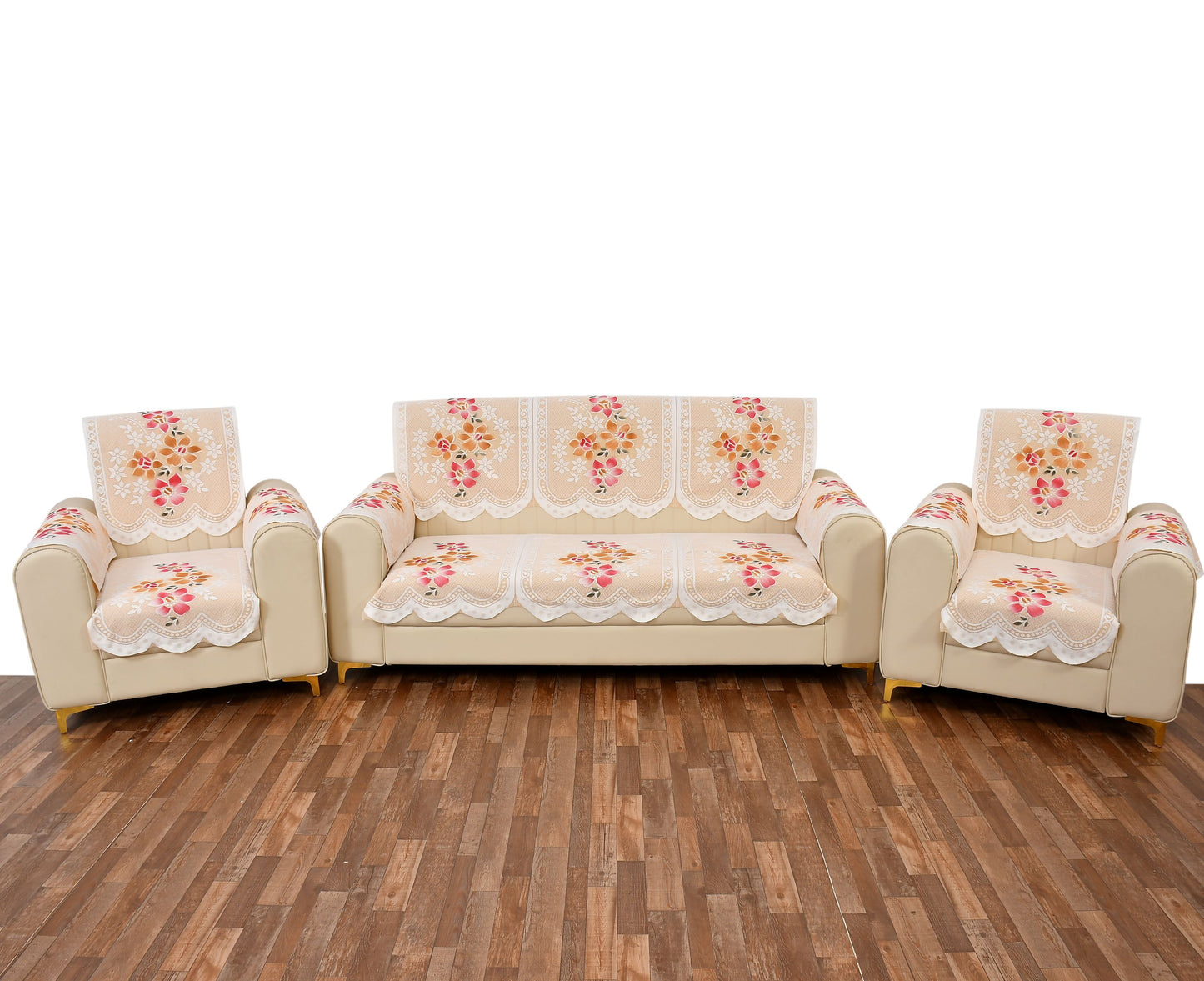 Bigger Fish Poly Cotton Net Fabric Floral Design 5 Seater Sofa Cover with 6 Pcs Arms Cover - 16 Pieces (Cream)
