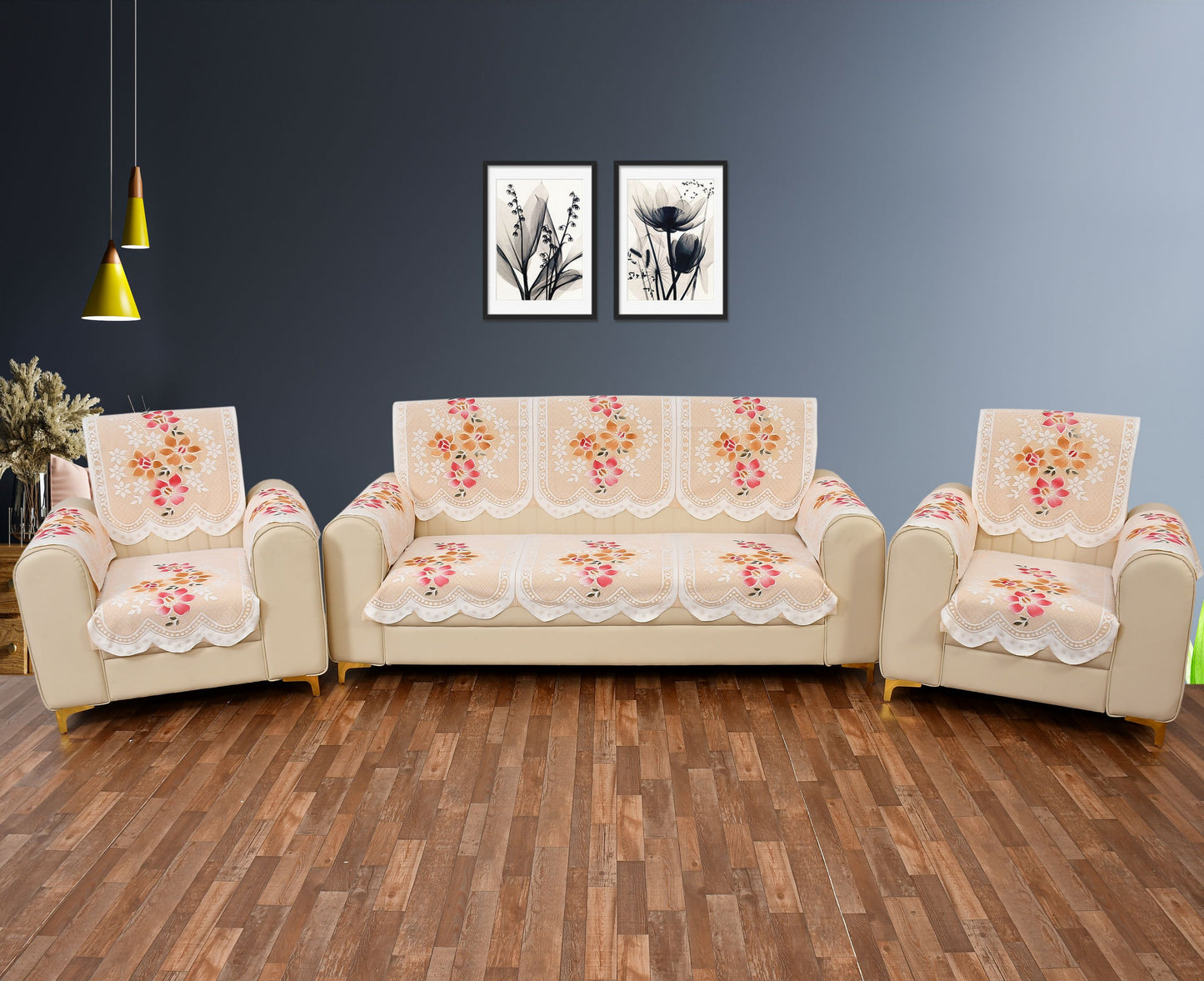Bigger Fish Poly Cotton Net Fabric Floral Design 5 Seater Sofa Cover with 6 Pcs Arms Cover - 16 Pieces (Cream)