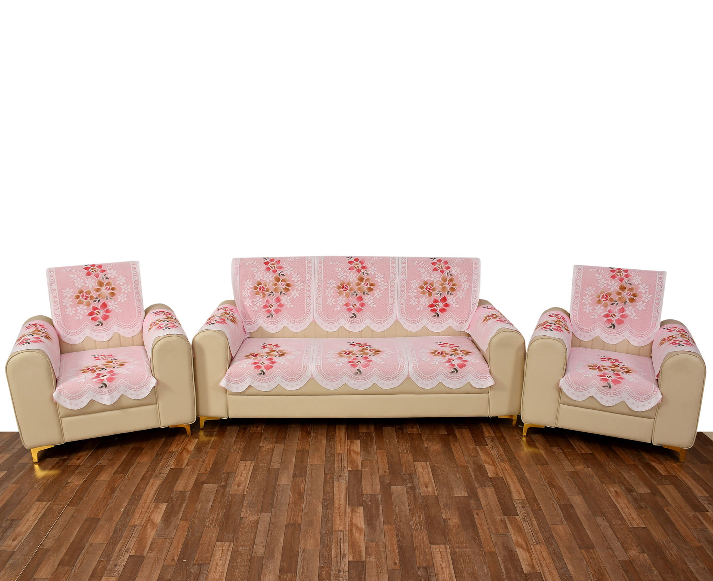 Bigger Fish Poly Cotton Net Fabric Floral Design 5 Seater Sofa Cover with 6 Pcs Arms Cover - 16 Pieces (Pink)