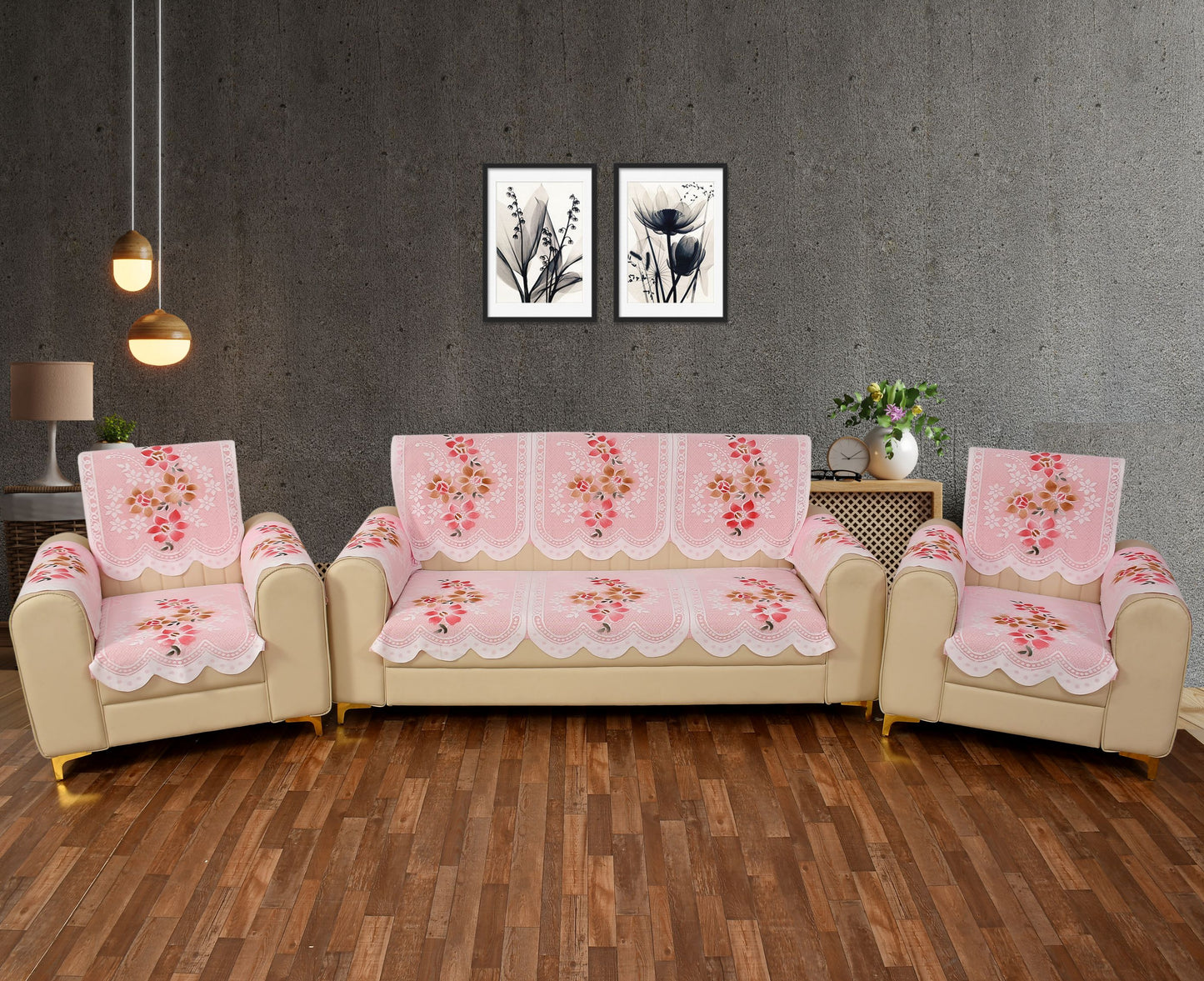 Bigger Fish Poly Cotton Net Fabric Floral Design 5 Seater Sofa Cover with 6 Pcs Arms Cover - 16 Pieces (Pink)