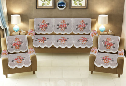 Bigger Fish Poly Cotton Net Fabric Floral Design 5 Seater Sofa Cover with 6 Pcs Arms Cover - 16 Pieces (Rust)