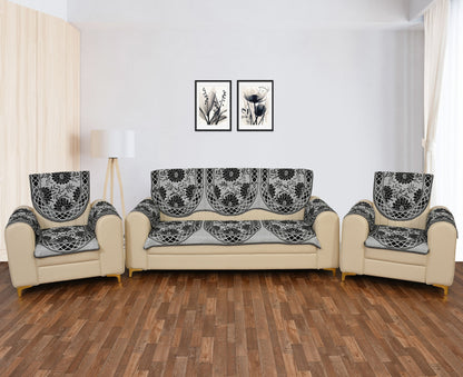 Bigger Fish Poly Cotton Net Fabric Floral Design 5 Seater Sofa Cover with 6 Pcs Arms Cover - 16 Pieces (Black)