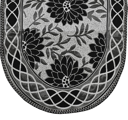 Bigger Fish Poly Cotton Net Fabric Floral Design 5 Seater Sofa Cover with 6 Pcs Arms Cover - 16 Pieces (Black)