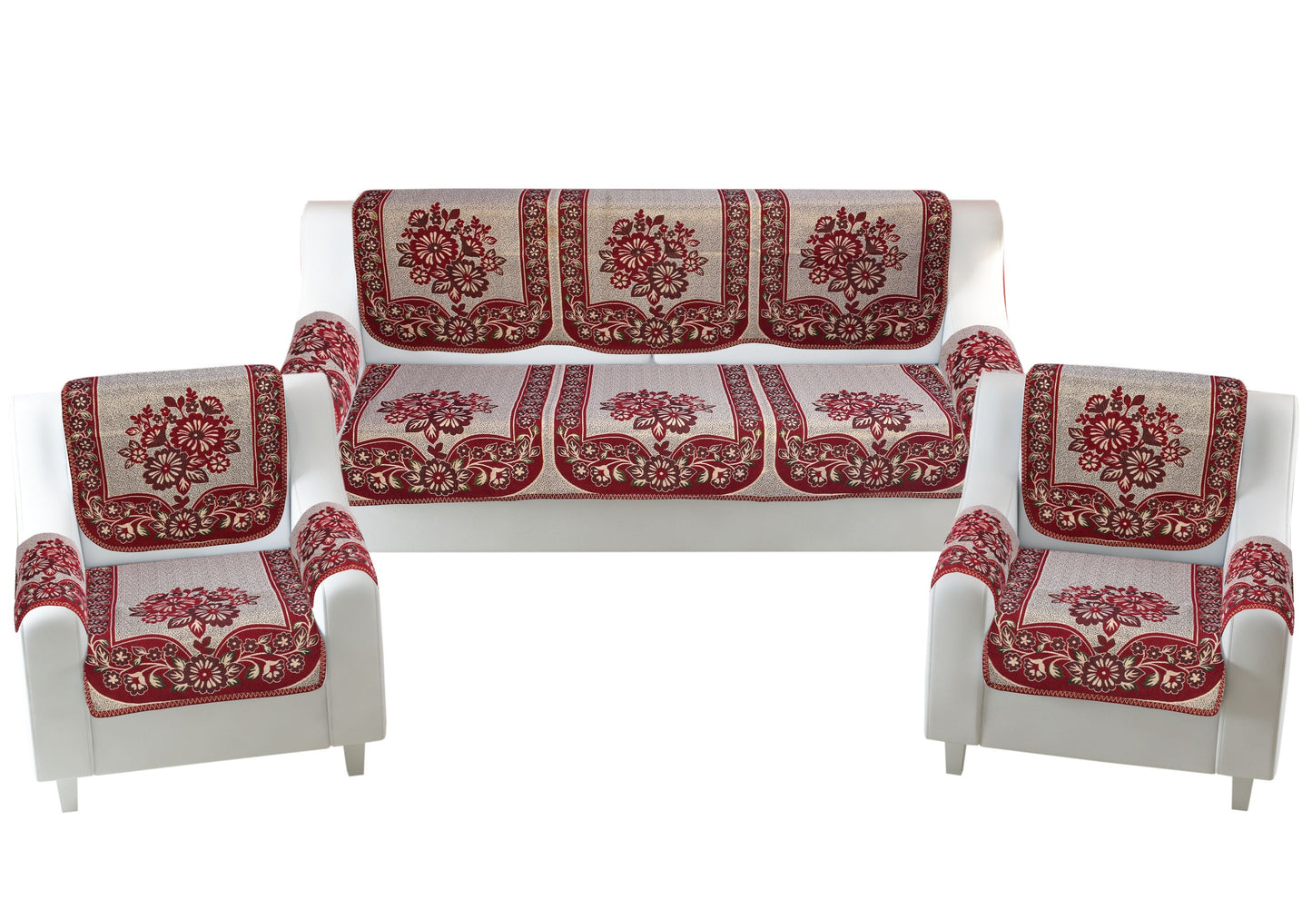 Bigger Fish Poly Cotton Fabric  5 Seater Sofa Cover with 6 Pcs Arms Cover - 16 Pieces (Maroon)