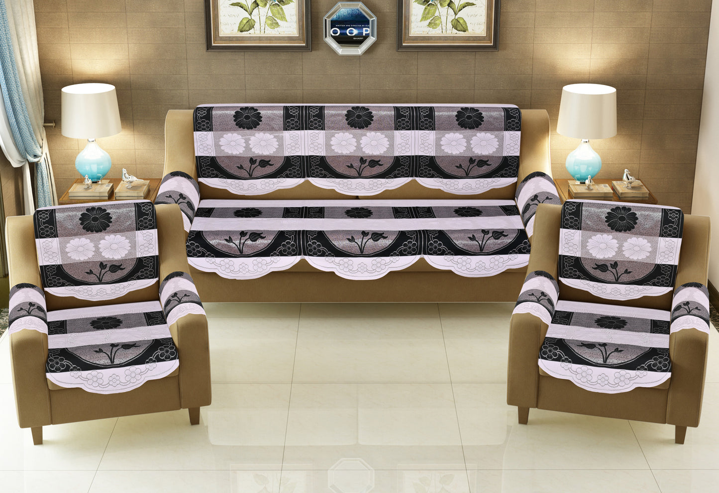 Bigger Fish Poly Cotton Net Fabric Floral Design 5 Seater Sofa Cover with 6 Pcs Arms Cover - 16 Pieces (Black)
