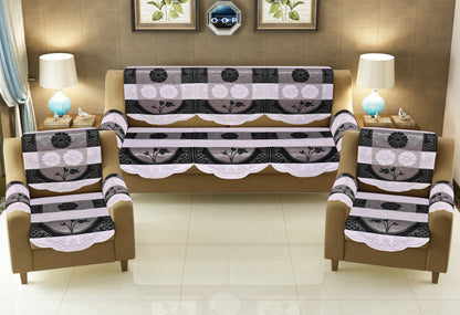 Bigger Fish Poly Cotton Net Fabric Floral Design 5 Seater Sofa Cover with 6 Pcs Arms Cover - 16 Pieces (Black)
