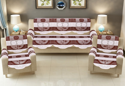 Bigger Fish Poly Cotton Net Fabric Floral Design 5 Seater Sofa Cover with 6 Pcs Arms Cover - 16 Pieces (Brown)