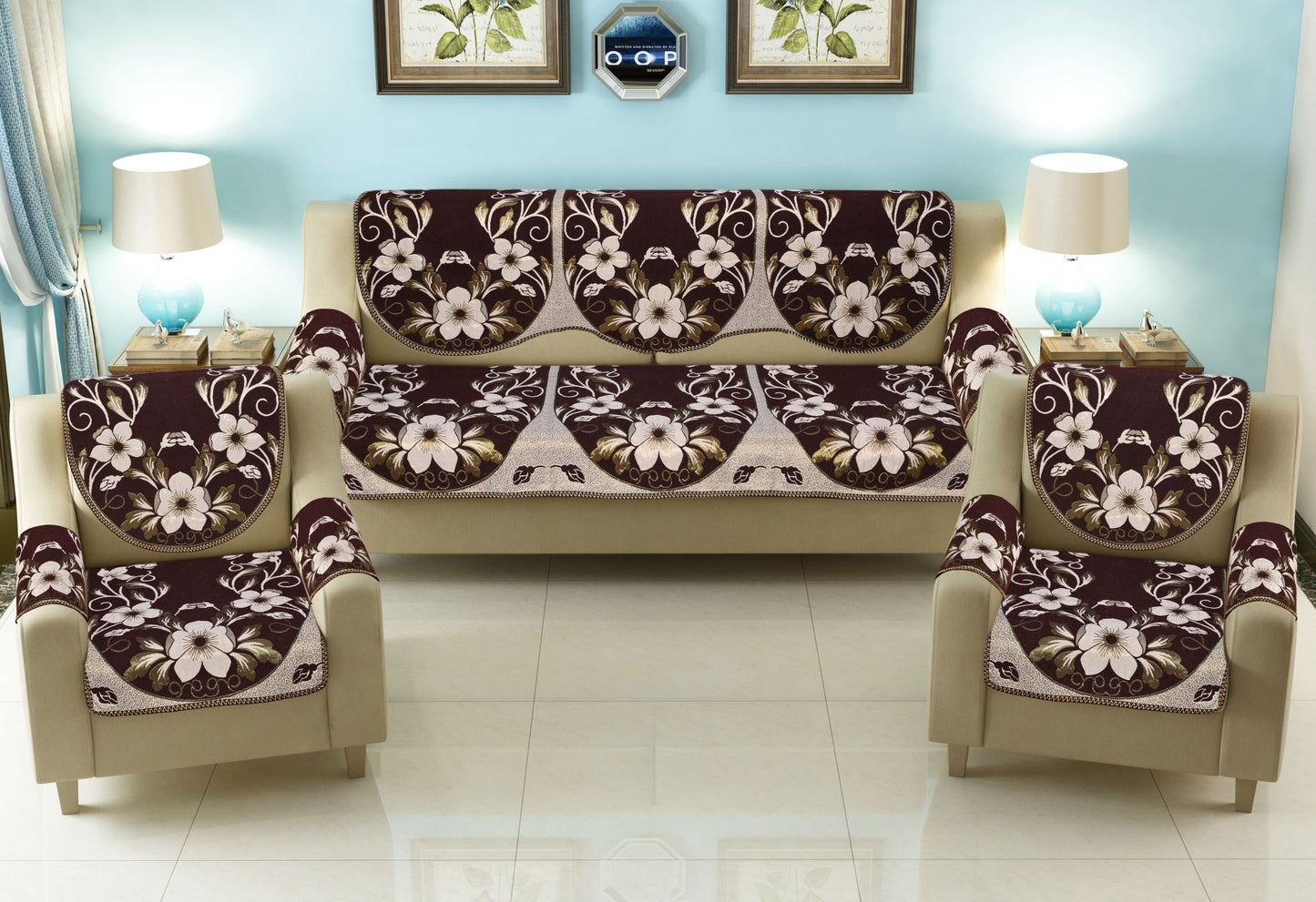 Bigger Fish Poly Cotton Fabric  5 Seater Sofa Cover with 6 Pcs Arms Cover - 16 Pieces (Coffee)