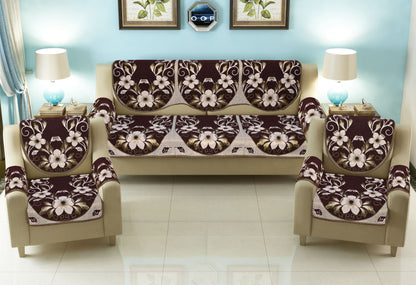 Bigger Fish Poly Cotton Fabric  5 Seater Sofa Cover with 6 Pcs Arms Cover - 16 Pieces (Coffee)