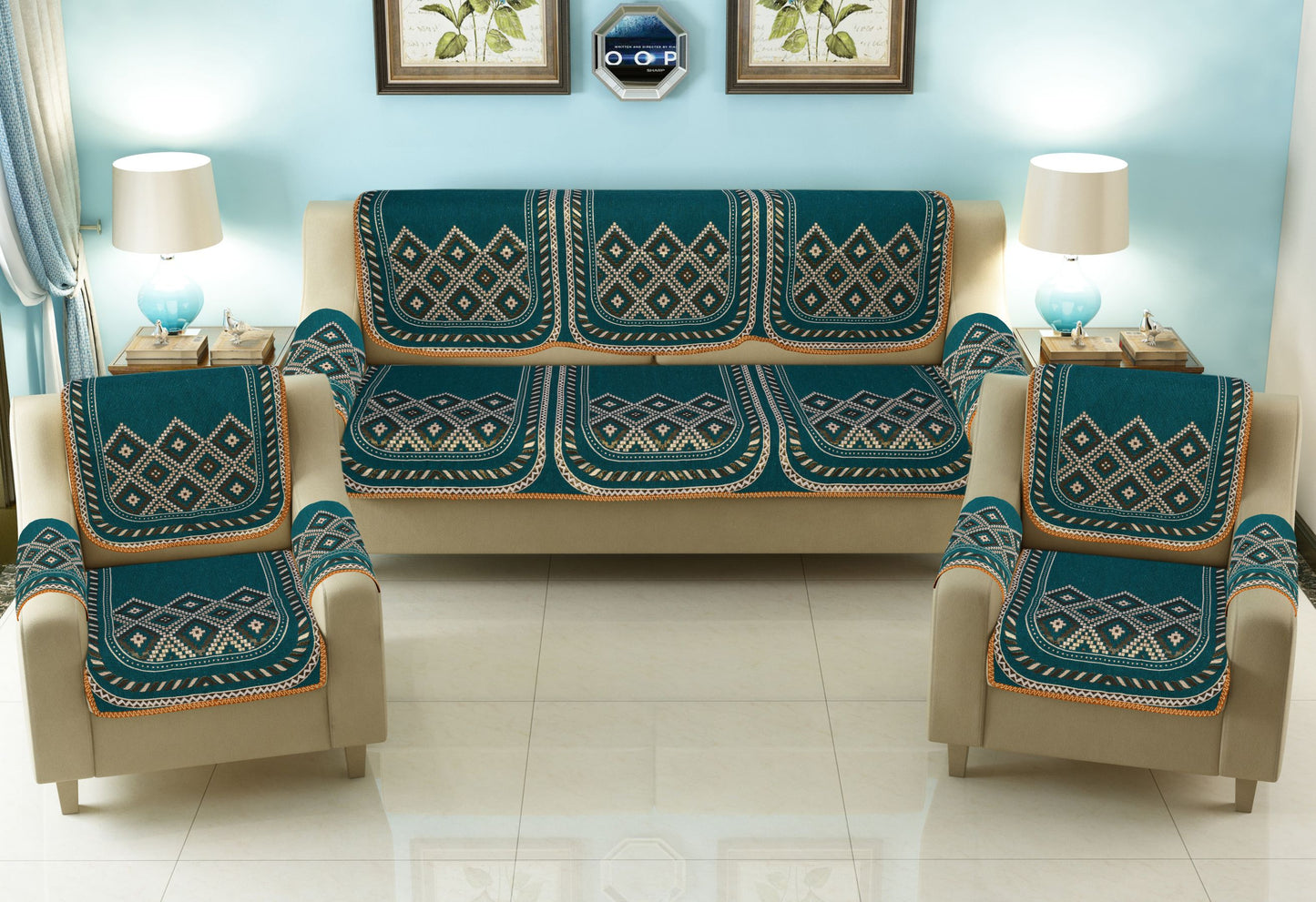 Bigger Fish Poly Cotton Fabric  5 Seater Sofa Cover with 6 Pcs Arms Cover - 16 Pieces (Green)
