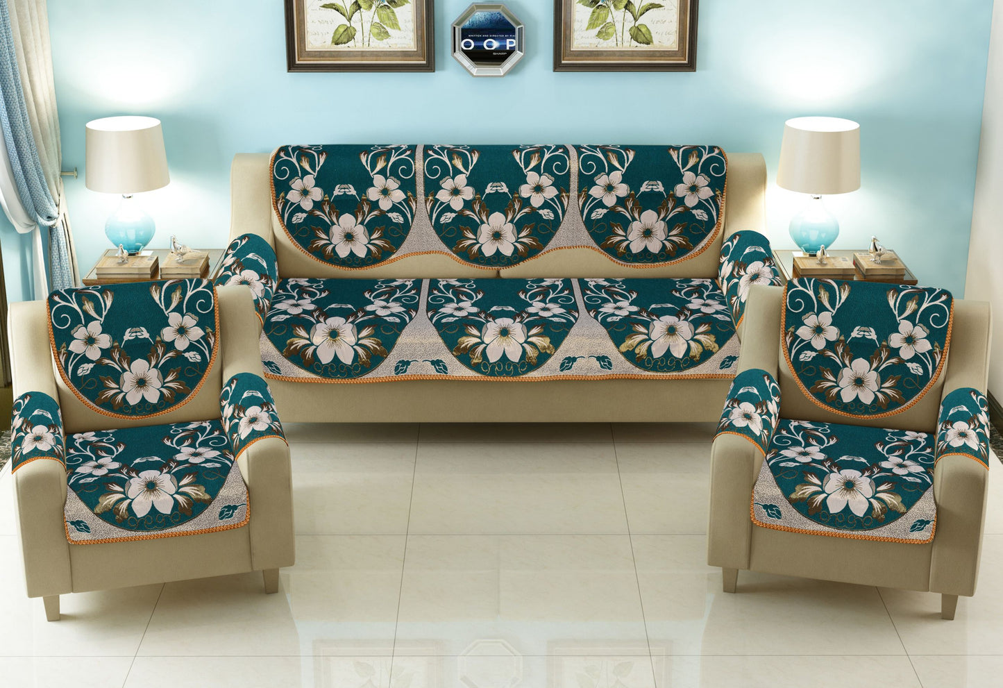 Bigger Fish Poly Cotton Fabric 5 Seater Sofa Cover with 6 Pcs Arms Cover - 16 Pieces (Green)