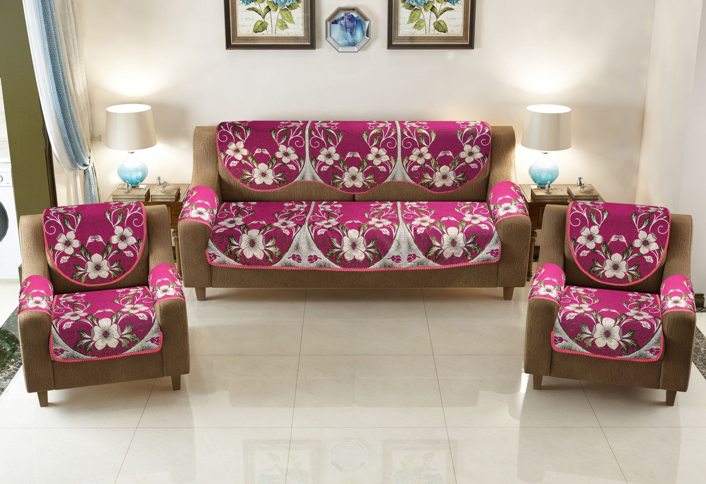 Bigger Fish Poly Cotton Fabric 5 Seater Sofa Cover with 6 Pcs Arms Cover - 16 Pieces (Pink)