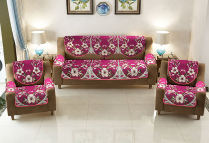 Bigger Fish Poly Cotton Fabric 5 Seater Sofa Cover with 6 Pcs Arms Cover - 16 Pieces (Pink)