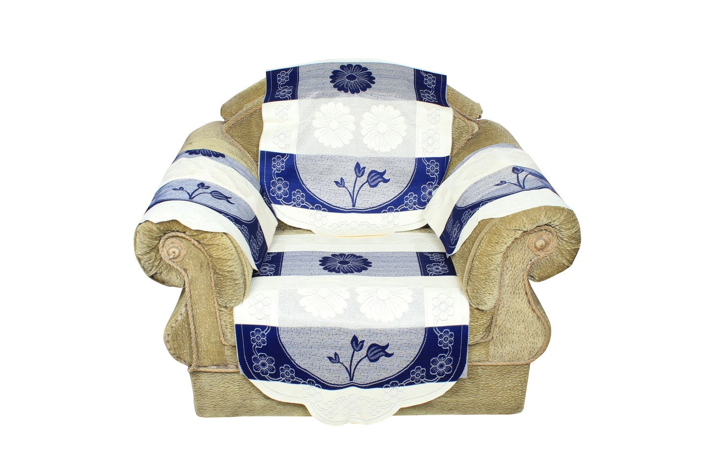 Bigger Fish Poly Cotton Net Fabric Floral Design 5 Seater Sofa Cover with 6 Pcs Arms Cover - 16 Pieces (Blue)