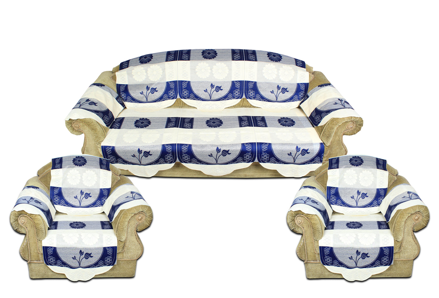 Bigger Fish Poly Cotton Net Fabric Floral Design 5 Seater Sofa Cover with 6 Pcs Arms Cover - 16 Pieces (Blue)