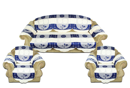 Bigger Fish Poly Cotton Net Fabric Floral Design 5 Seater Sofa Cover with 6 Pcs Arms Cover - 16 Pieces (Blue)