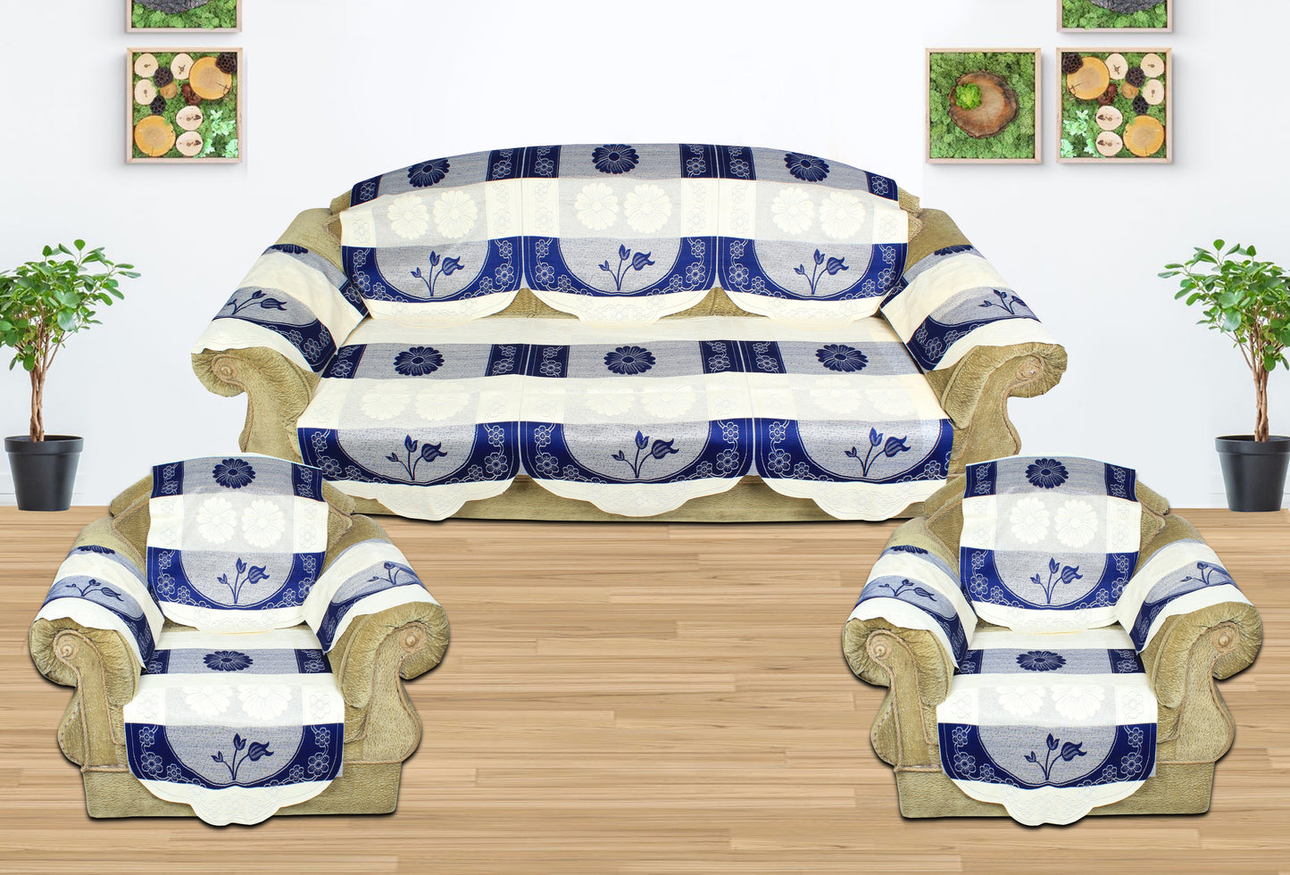 Bigger Fish Poly Cotton Net Fabric Floral Design 5 Seater Sofa Cover with 6 Pcs Arms Cover - 16 Pieces (Blue)
