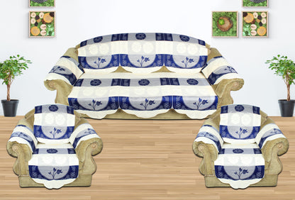 Bigger Fish Poly Cotton Net Fabric Floral Design 5 Seater Sofa Cover with 6 Pcs Arms Cover - 16 Pieces (Blue)