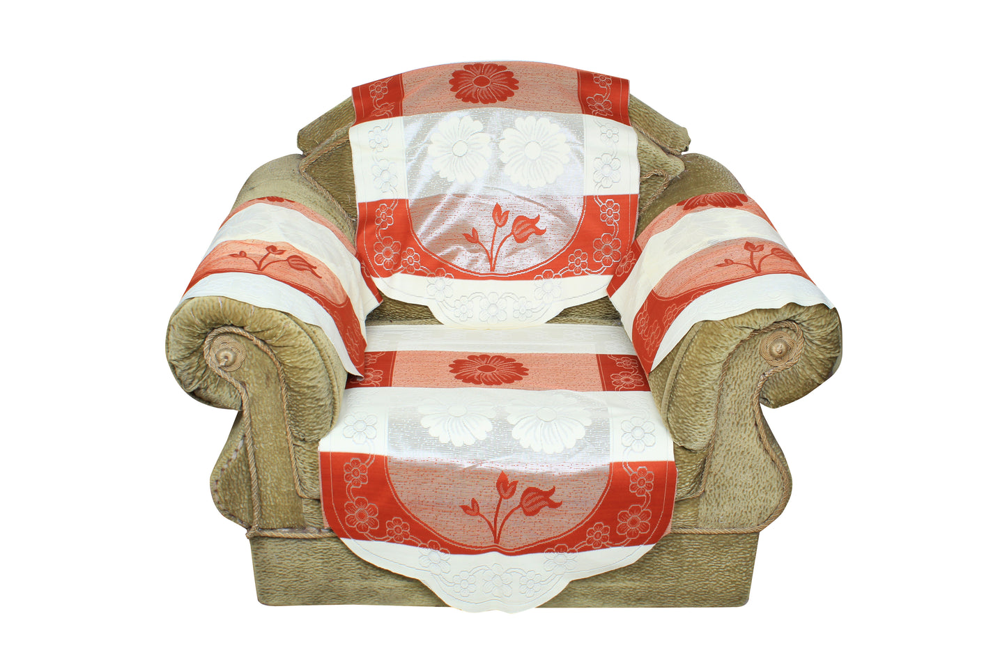 Bigger Fish Poly Cotton Net Fabric Floral Design 5 Seater Sofa Cover with 6 Pcs Arms Cover - 16 Pieces (Rust)