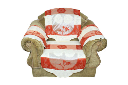 Bigger Fish Poly Cotton Net Fabric Floral Design 5 Seater Sofa Cover with 6 Pcs Arms Cover - 16 Pieces (Rust)