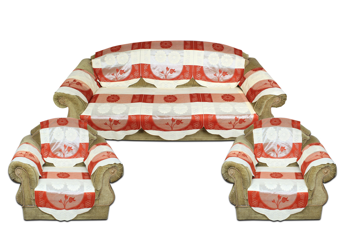 Bigger Fish Poly Cotton Net Fabric Floral Design 5 Seater Sofa Cover with 6 Pcs Arms Cover - 16 Pieces (Rust)
