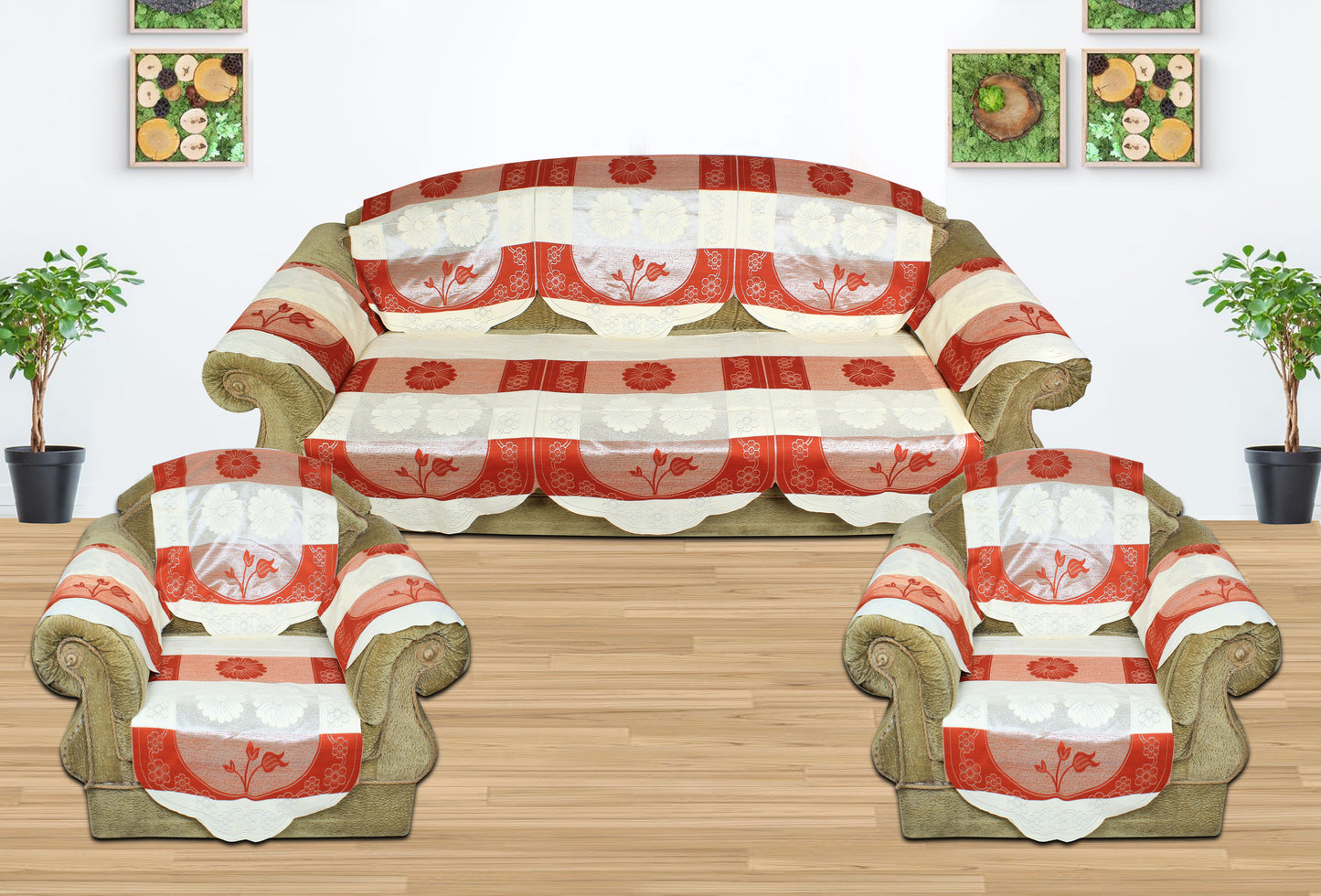 Bigger Fish Poly Cotton Net Fabric Floral Design 5 Seater Sofa Cover with 6 Pcs Arms Cover - 16 Pieces (Rust)