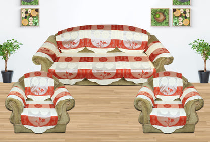 Bigger Fish Poly Cotton Net Fabric Floral Design 5 Seater Sofa Cover with 6 Pcs Arms Cover - 16 Pieces (Rust)
