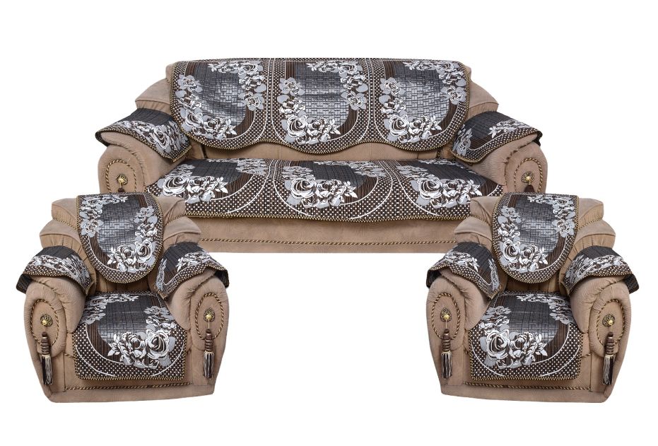 Bigger Fish Poly Cotton Fabric 5 Seater Sofa Cover with 6 Pcs Arms Cover - 16 Pieces (Brown)