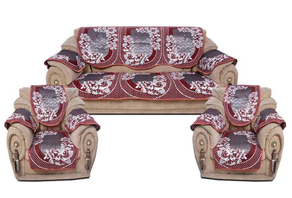 Bigger Fish Poly Cotton Fabric  5 Seater Sofa Cover with 6 Pcs Arms Cover - 16 Pieces (Maroon)