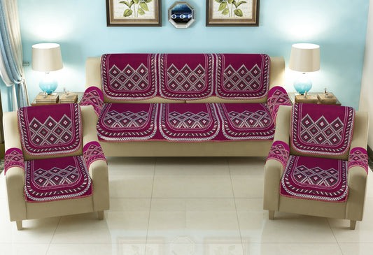 Bigger Fish Cotton Fabric Floral 5 Seater Sofa Cover with 6 Pcs Arms Cover - 16 Pieces (Wine Zara New)