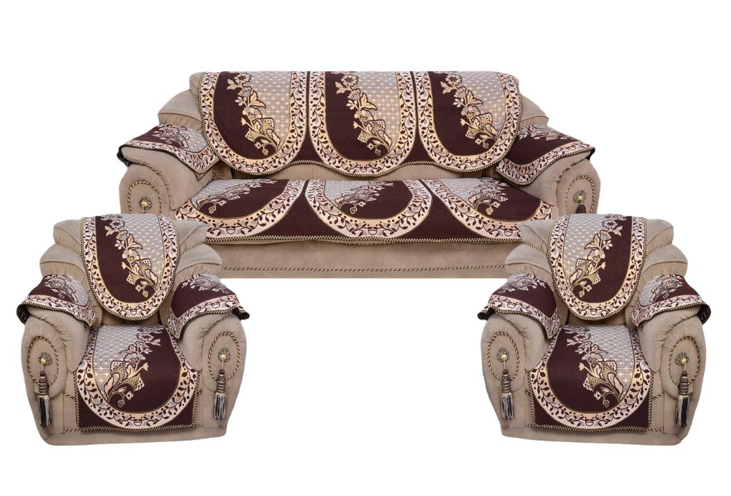 Bigger Fish Poly Cotton  Fabric Floral Design 5 Seater Sofa Cover with 6 Pcs Arms Cover - 16 Pieces (Coffee)