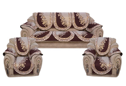 Bigger Fish Poly Cotton  Fabric Floral Design 5 Seater Sofa Cover with 6 Pcs Arms Cover - 16 Pieces (Coffee)
