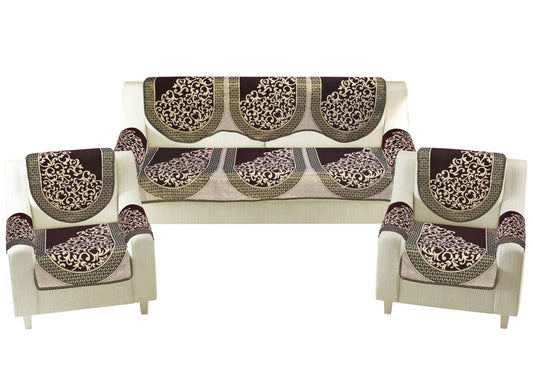 Bigger Fish Poly Cotton  Fabric 5 Seater Sofa Cover with 6 Pcs Arms Cover - 16 Pieces (Coffee)