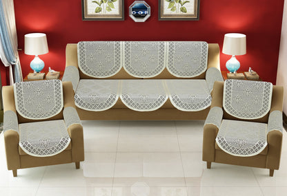 Bigger Fish Poly Cotton Net Fabric Floral Design 5 Seater Sofa Cover with 6 Pcs Arms Cover - 16 Pieces (Brown)