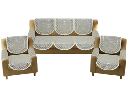 Bigger Fish Poly Cotton Net Fabric Floral Design 5 Seater Sofa Cover with 6 Pcs Arms Cover - 16 Pieces (Brown)