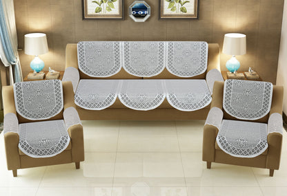 Bigger Fish Poly Cotton Net Fabric Floral Design 5 Seater Sofa Cover with 6 Pcs Arms Cover - 16 Pieces (Grey)