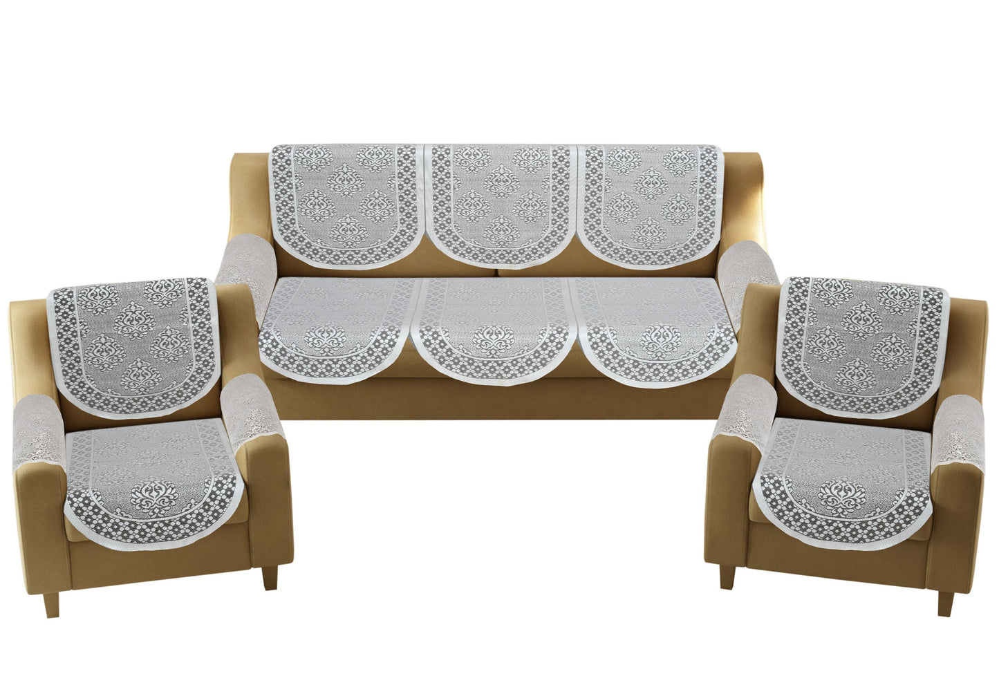 Bigger Fish Poly Cotton Net Fabric Floral Design 5 Seater Sofa Cover with 6 Pcs Arms Cover - 16 Pieces (Grey)