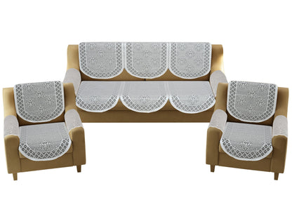 Bigger Fish Poly Cotton Net Fabric Floral Design 5 Seater Sofa Cover with 6 Pcs Arms Cover - 16 Pieces (Grey)