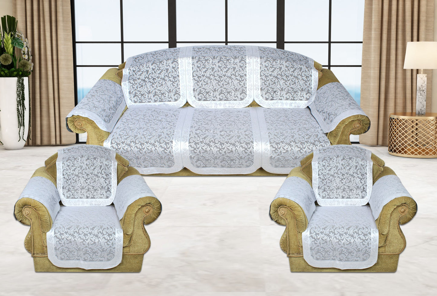 Bigger Fish Poly Cotton Net Fabric Floral Design 5 Seater Sofa Cover with 6 Pcs Arms Cover - 16 Pieces (Grey)