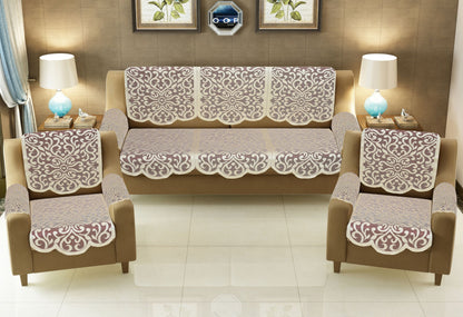 Bigger Fish Poly Cotton Net Fabric Floral Design 5 Seater Sofa Cover with 6 Pcs Arms Cover - 16 Pieces (Maroon)