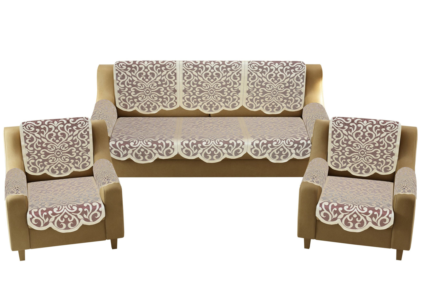 Bigger Fish Poly Cotton Net Fabric Floral Design 5 Seater Sofa Cover with 6 Pcs Arms Cover - 16 Pieces (Maroon)