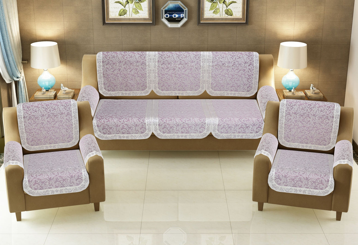 Bigger Fish Poly Cotton Net Fabric Floral Design 5 Seater Sofa Cover with 6 Pcs Arms Cover - 16 Pieces (Maroon)